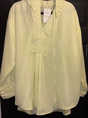 Pleated V-Neck Ruffle Blouse in Pale Yellow
